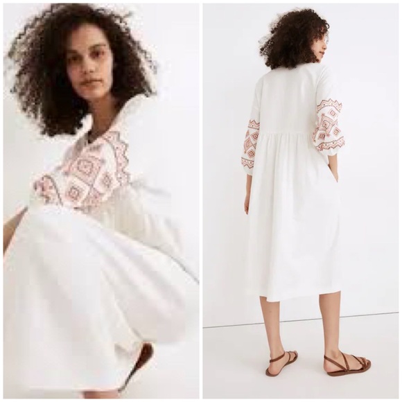 Madewell Embroidered Sleeve Linen Blend Popover Midi Dress in White Combo XS EUC - Picture 2 of 13